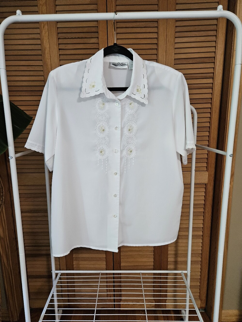 Vintage 90s White Embroidered Lace Couquette Cottagecore Short Sleeve Blouse
